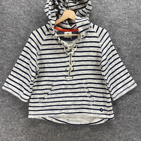 Sperry Hoodie Women XS White Striped Hooded 3/4 Sleeve Cotton Tasseled Pockets - Picture 4 of 10
